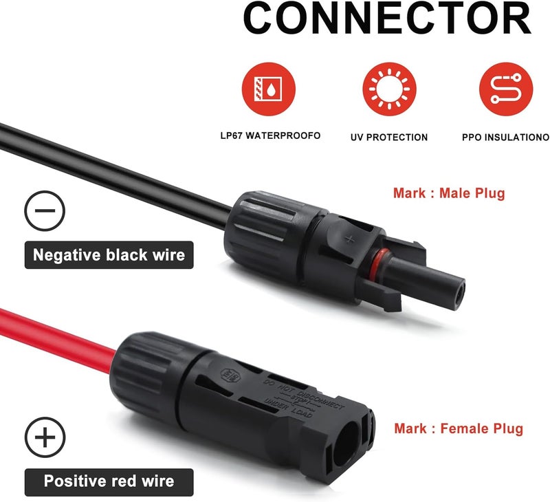 Feotech Twin Wire 75FT Solar Extension Cable - 10AWG(6mm²) Solar Panel Connector, with 6 Pairs-IP67-Male/Female Solar connectors for Outdoor Automotive RV Boat Marine Solar Panel- Black & Red - Image 5